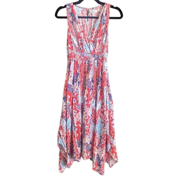 Japna Red/Blue Floral Print Sleeveless V-Neck Dress. Size Medium - Picture 1 of 8